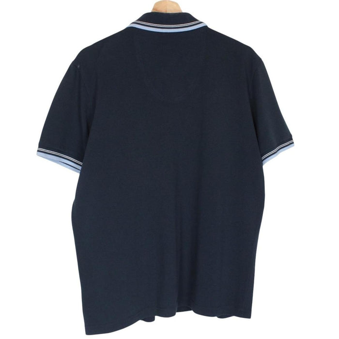 Hugo Boss navy blue short sleeve polo shirt with embroidered logo and cotton material.
