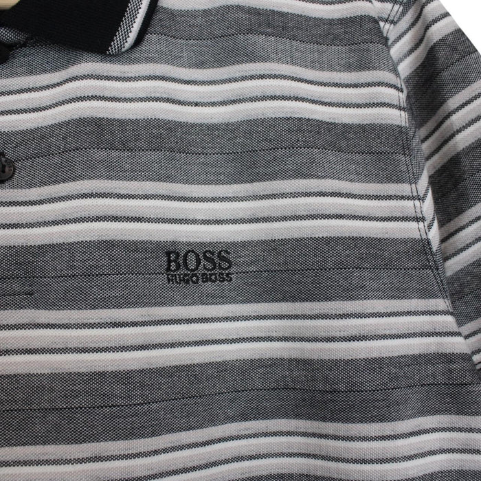Hugo Boss grey striped short sleeve polo shirt in soft pima cotton fabric.