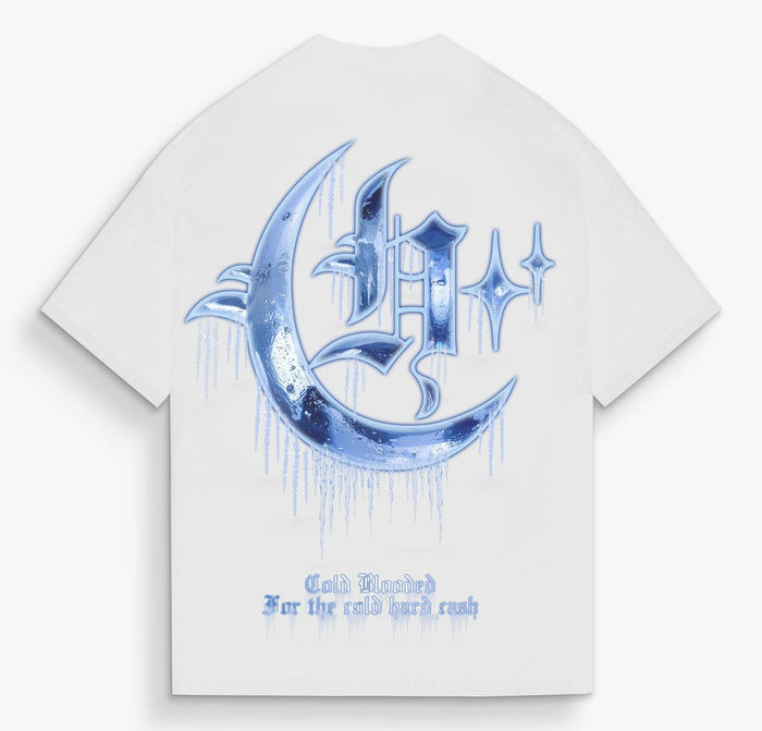 White Hustlers Country Club HCC Icy T-Shirt, casual men's tee with logo design, front view, soft cotton fabric.