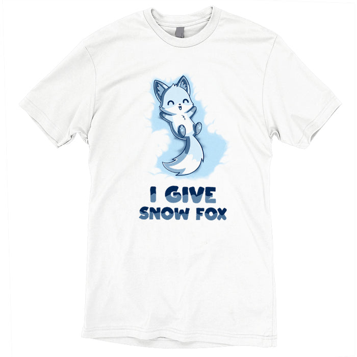 Premium Cotton T-shirt_TeeTurtle white I Give Snow Fox apparel featuring a happy white fox lying on its back in the snow, caption reads 'I give snow fox'.