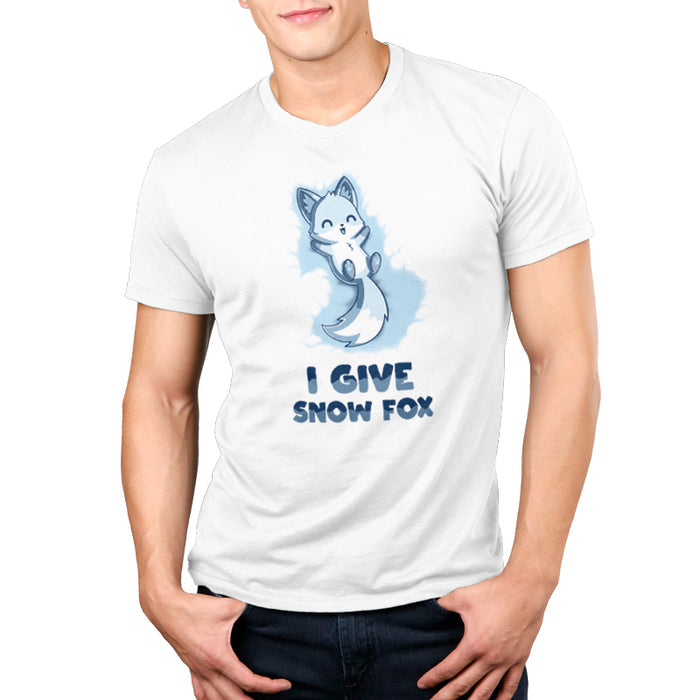 Premium Cotton T-shirt_TeeTurtle white I Give Snow Fox apparel featuring a happy white fox lying on its back in the snow, caption reads 'I give snow fox'.