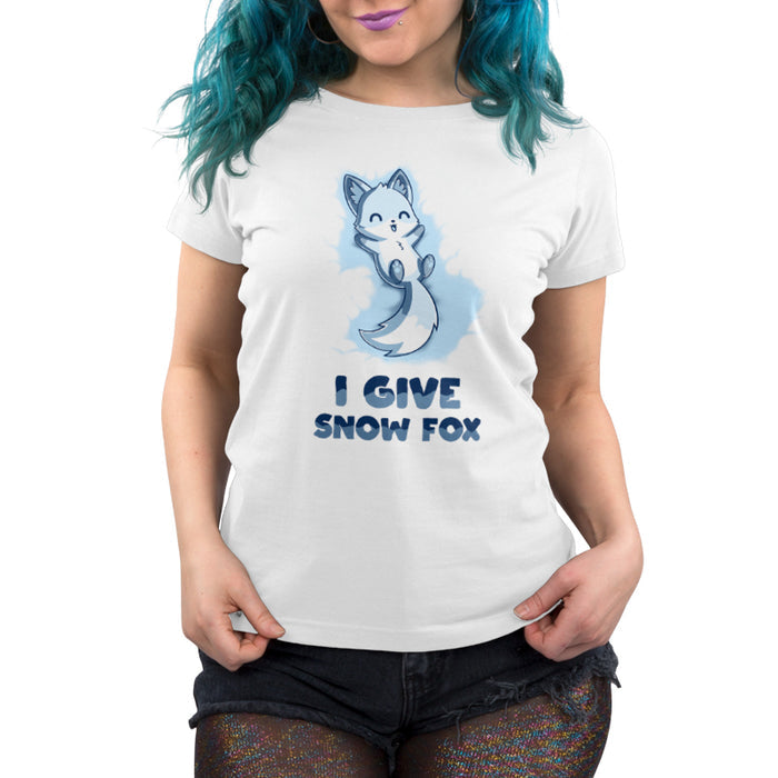 Premium Cotton T-shirt_TeeTurtle white I Give Snow Fox apparel featuring a happy white fox lying on its back in the snow, caption reads 'I give snow fox'.