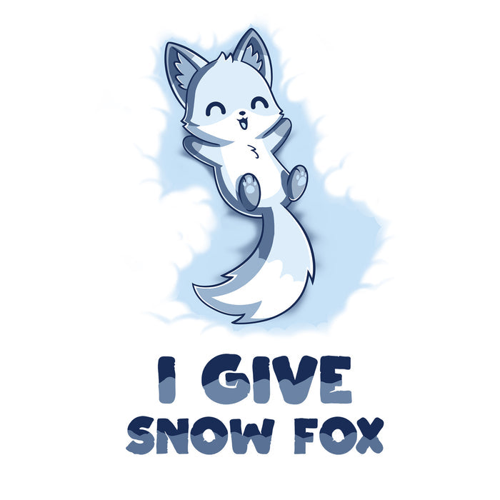 Classic Cotton T-shirt_TeeTurtle white I Give Snow Fox apparel featuring a happy white fox lying on its back in the snow, caption reads 'I give snow fox'.