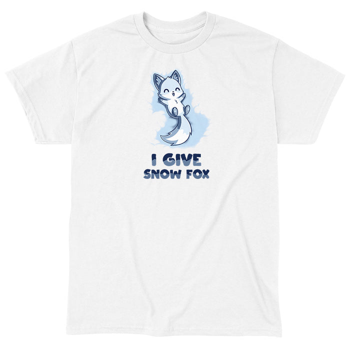 Classic Cotton T-shirt_TeeTurtle white I Give Snow Fox apparel featuring a happy white fox lying on its back in the snow, caption reads 'I give snow fox'.