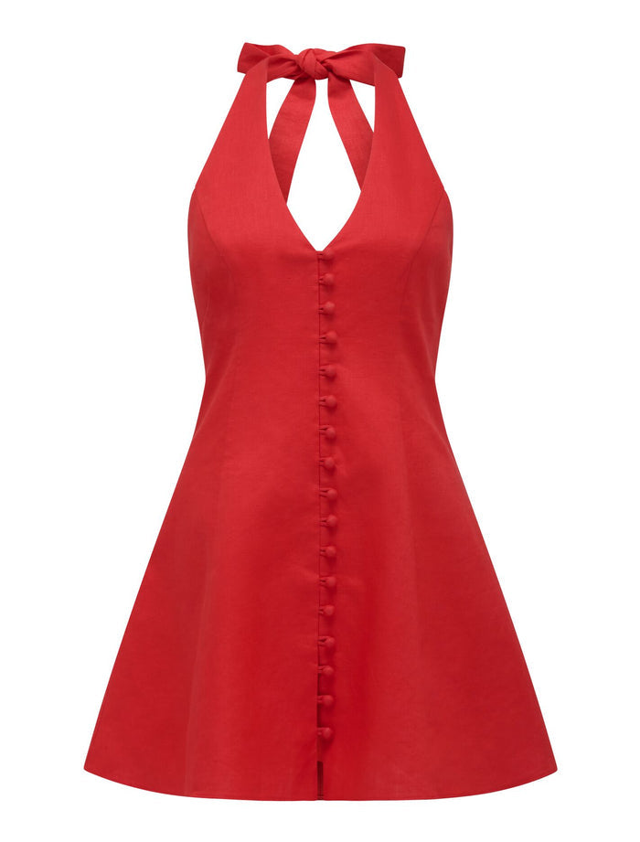 Ina Button Front Halter Linen Mini Dress Forever New
