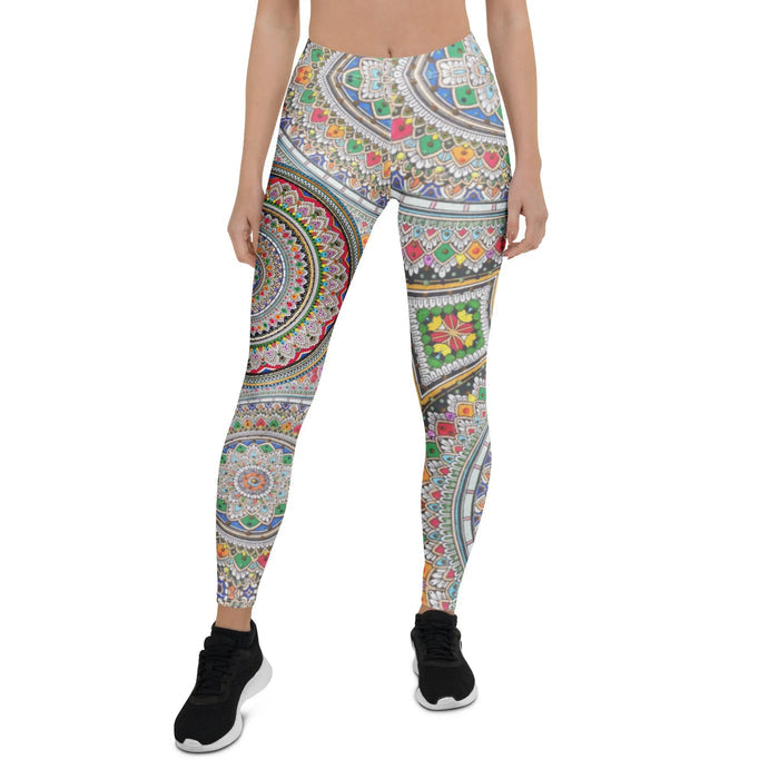 Infinite Mandala Women's Leggings - The "adult coloring book" complexity featuring electric cerulean (#007BA7) and crimson red (#DC143C) fills, bursts of saffron yellow (#F4C430) centers, constrained by rigid charcoal (#36454F) outlines on a stark white base (#FFFFFF)