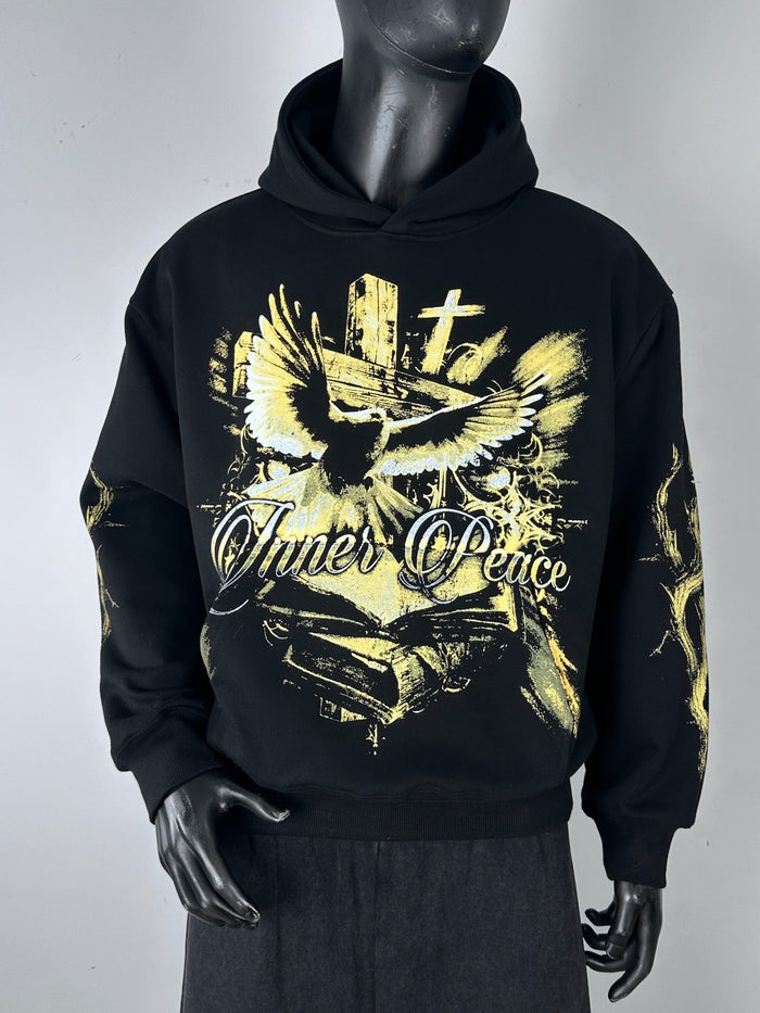Black Inner Peace “IP Over Everything” hoodie, a comfortable pullover hoodie with bold branding and soft fabric.