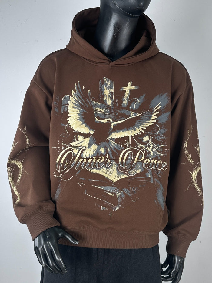 Inner Peace brown hoodie with "IP Over Everything" slogan, casual pullover hoodie, soft fabric, comfortable fit, front view image