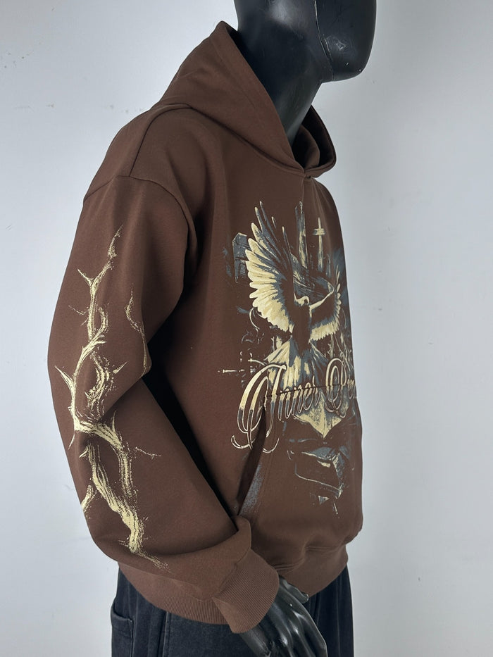 Inner Peace brown hoodie with "IP Over Everything" slogan, soft pullover hoodie made for comfort and style.