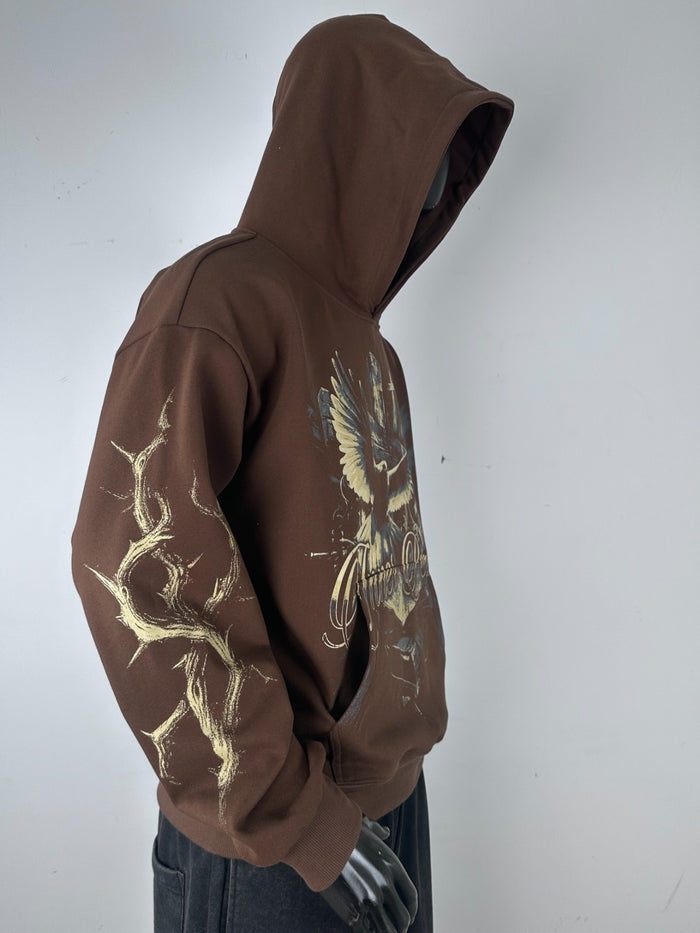 Inner Peace brown hoodie with "IP Over Everything" slogan, casual pullover style, soft fabric, and relaxed fit.