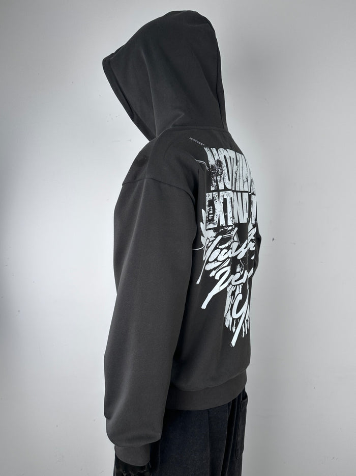 Inner Peace Power pullover hoodie in charcoal, showing front view with hood and soft fabric texture.