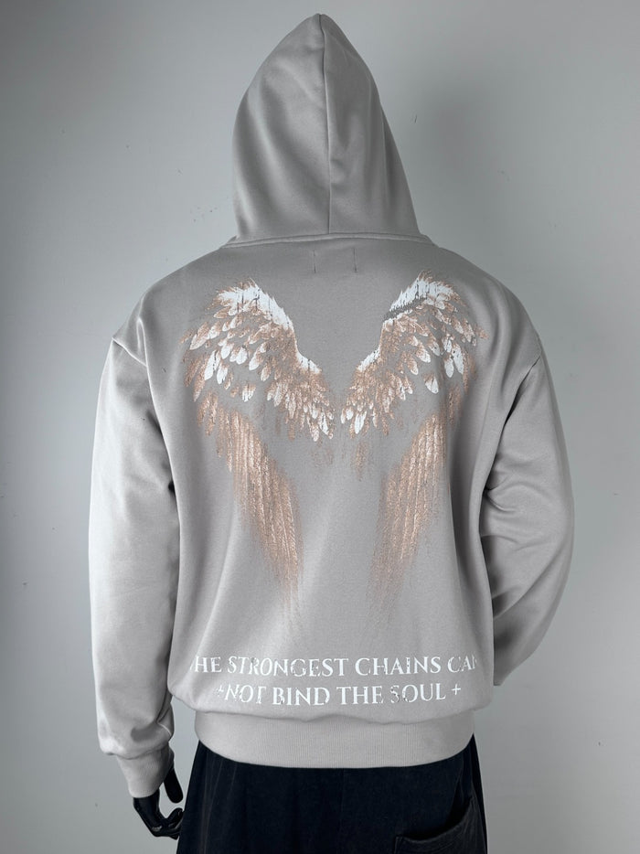 Inner Peace ‘Soul’ cement-colored pullover hoodie, soft fabric, with a relaxed fit and minimalist design.