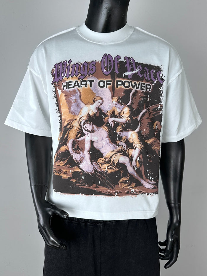 White Inner Peace Wings Of Power oversized cropped T-shirt with graphic design and relaxed fit.