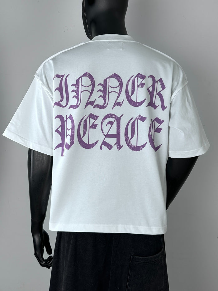 White Inner Peace oversized cropped T-shirt with Wings of Power graphic design, casual and trendy women's fashion top.