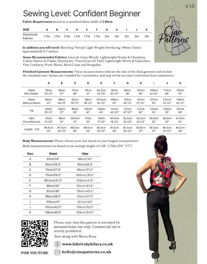 Isabella Trousers Paper Sewing Pattern, Ciao Patterns