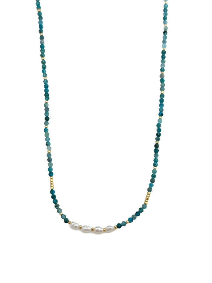 Apatite Stainless Steel Necklace with faceted blue-green apatite beads, pearl center section, and stainless steel details on white background.
