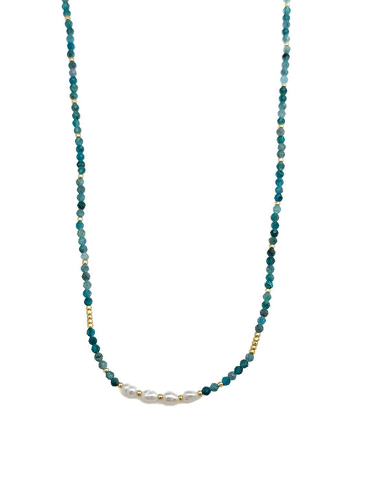 Apatite Stainless Steel Necklace with faceted blue-green apatite beads, pearl center section, and stainless steel details on white background.