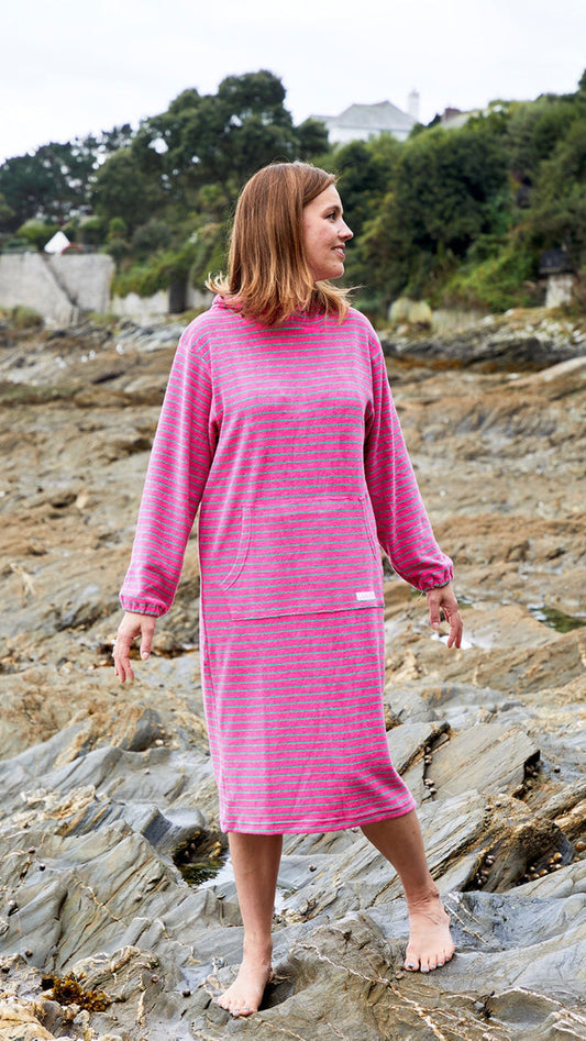 Jamie Striped Towelling Hooded Robe | Fuchsia & Apple