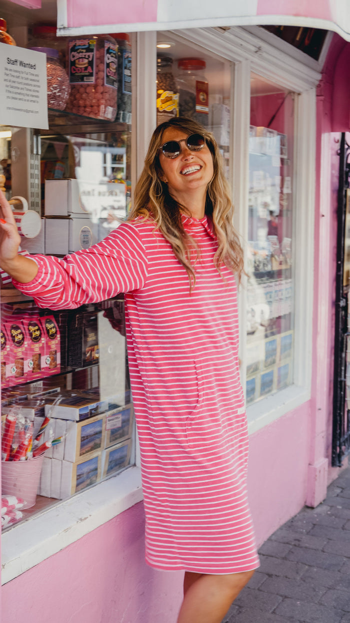 Jamie Striped Towelling Hooded Robe | Fuchsia & White