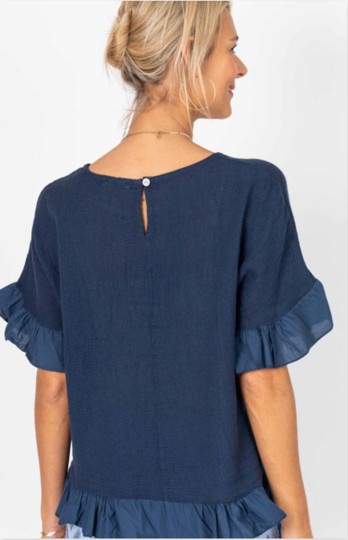 Jillian Italian Linen Ruffle Top in Navy