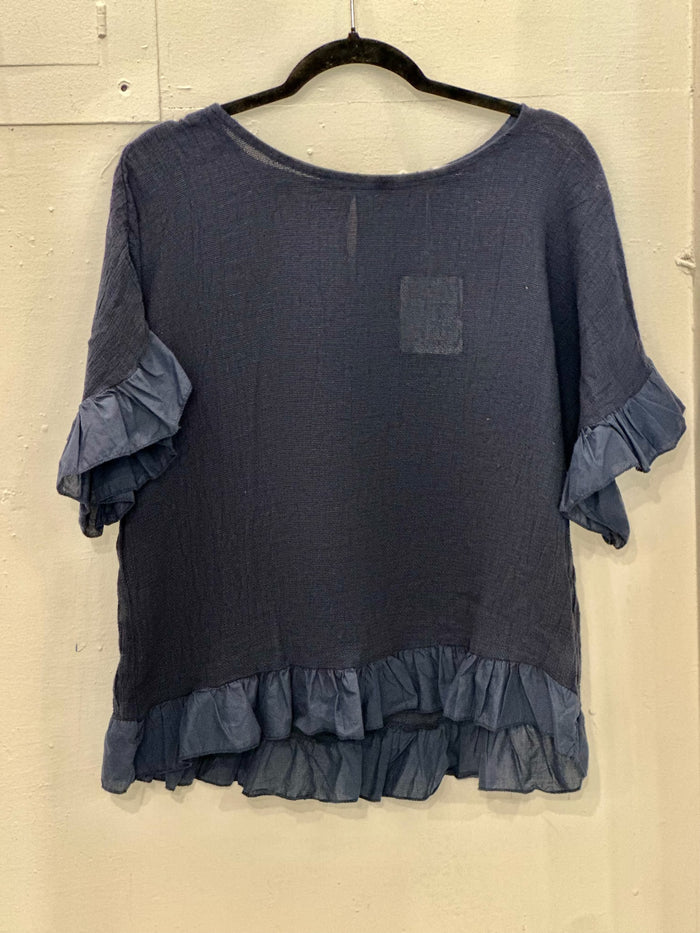 Jillian Italian Linen Ruffle Top in Navy