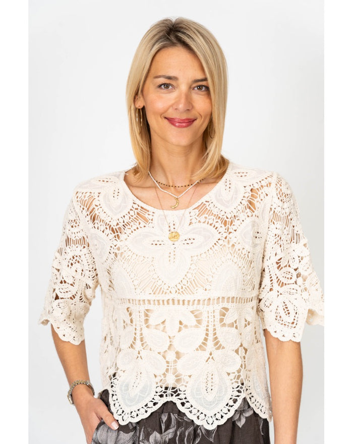 Juliette Lace Overlay Top in Beige