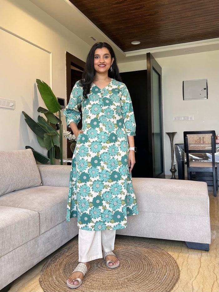 Kali Printed Cotton Set- Green Florals