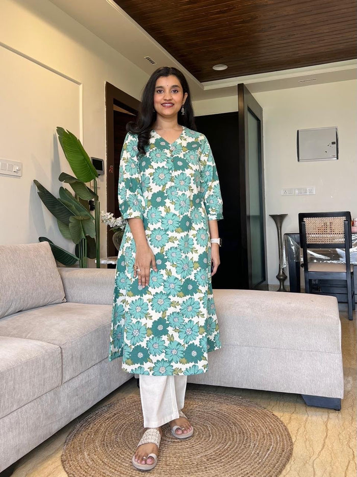 Kali Printed Cotton Set- Green Florals