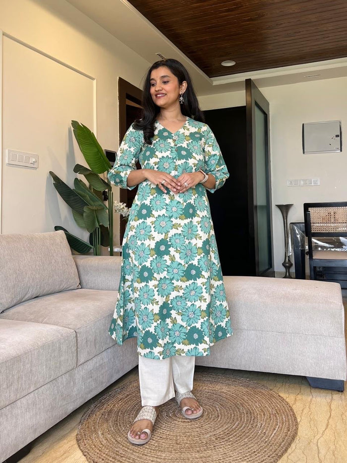 Kali Printed Cotton Set- Green Florals