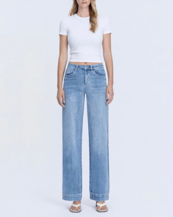 Kasey Trouse Hem Denim full length view on model