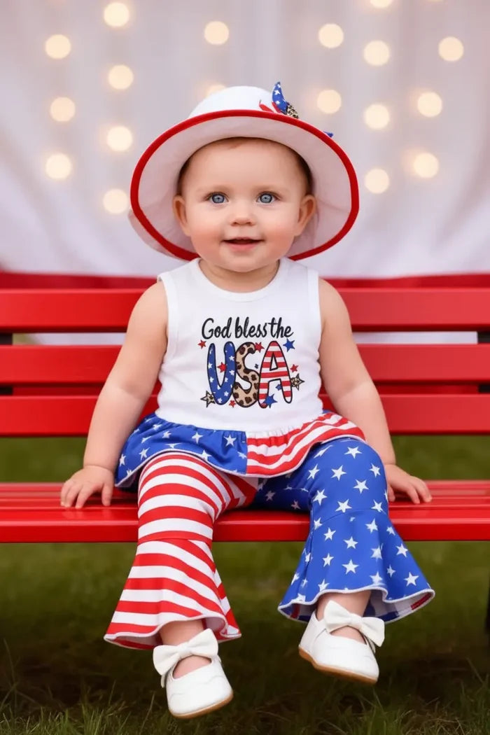 Kids patriotic outfit set with ruffled sleeveless tank, pull-on pants and matching hat shown as coordinated three-piece look.