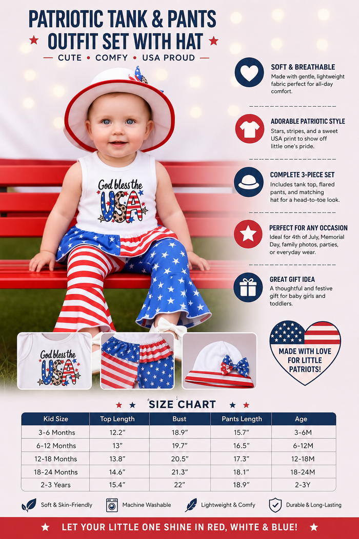 A promotional infographic for a patriotic tank top and pants outfit set with a hat, featuring a baby model wearing the outfit on a red bench. The image includes product descriptions, a size chart table, and a heart-shaped badge stating 'Made with Love for Little Patriots'.