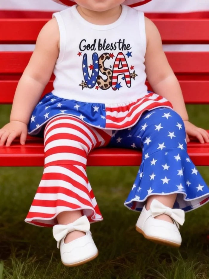 White three-piece kids outfit with ruffled sleeveless tank, pull-on pants and matching hat for a coordinated seasonal outfit.