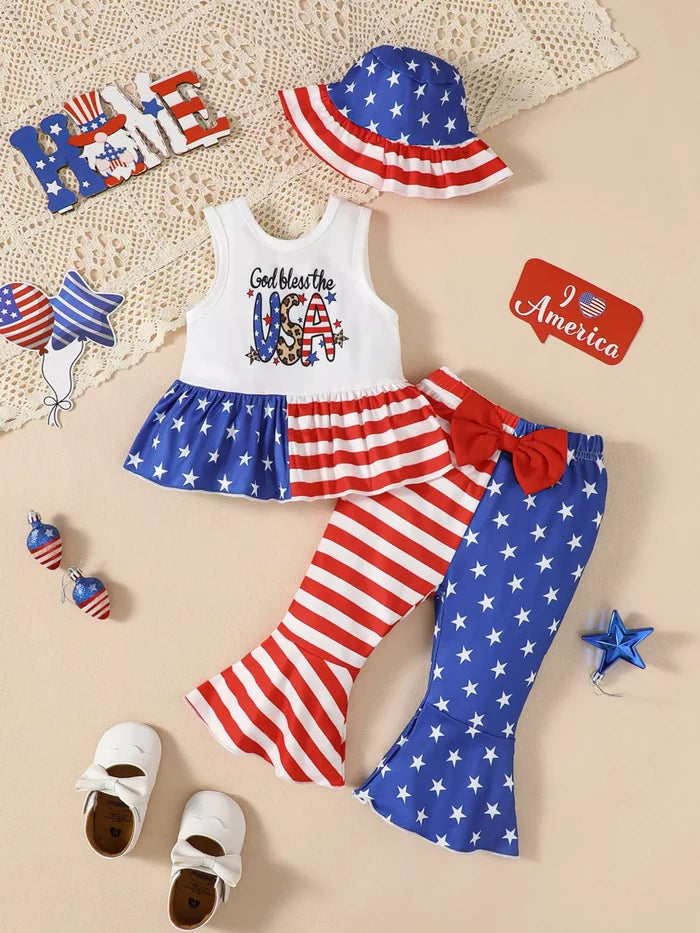 Patriotic outfit for kids featuring a ruffled tank, pull-on pants and matching hat in the available white color option shown.