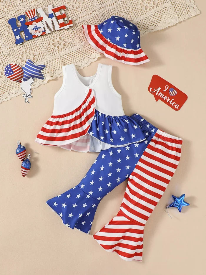 Ruffled sleeveless tank with matching pants and hat from the white three-piece outfit available for ages 6 months to 3 years.