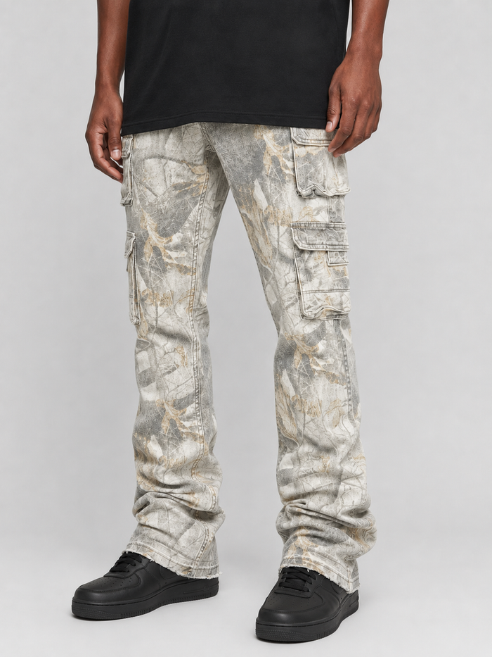 KIND RED Essential Camo Stacked Denim Pants in Snow Fall Camo with layered design and rugged style.