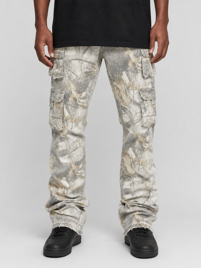 KIND RED Essential Camo stacked denim pants in Snow Fall Camo pattern with layered design and tapered fit.