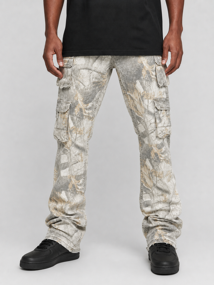 KIND RED Essential Camo Stacked Pants in Snow Fall Camo denim with a relaxed fit and stacked design, featuring snow-themed camouflage pattern.