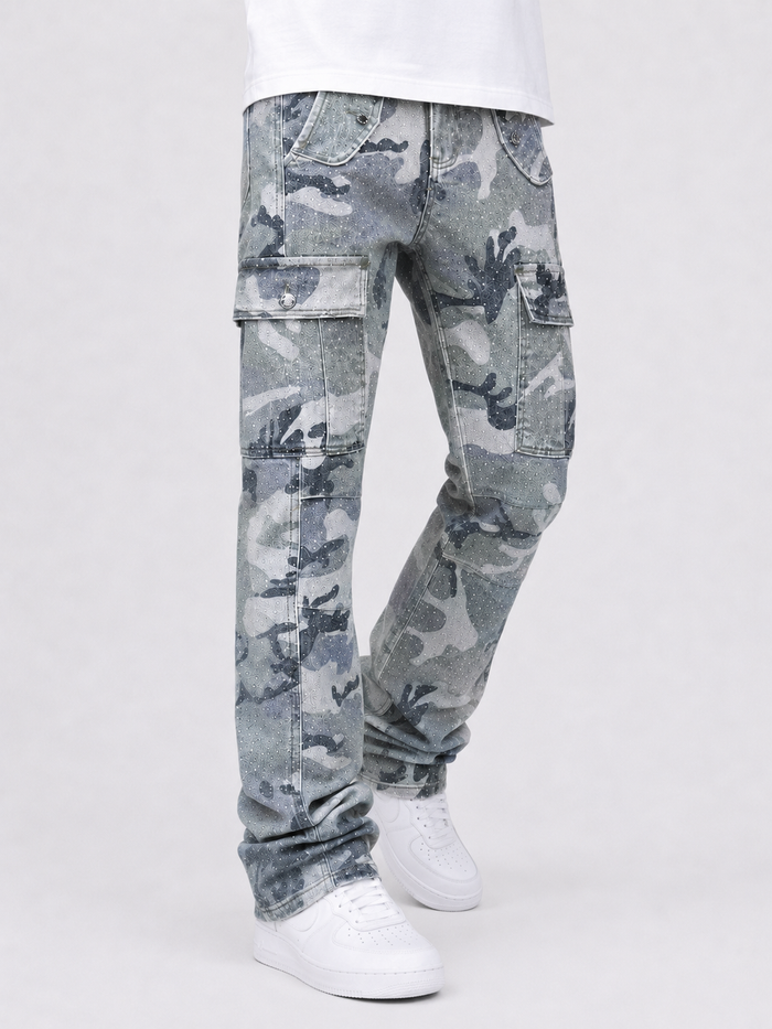 Kind Red Rhinestone Camo stacked denim pants in green camouflage with rhinestone embellishments, stylish and fitted.