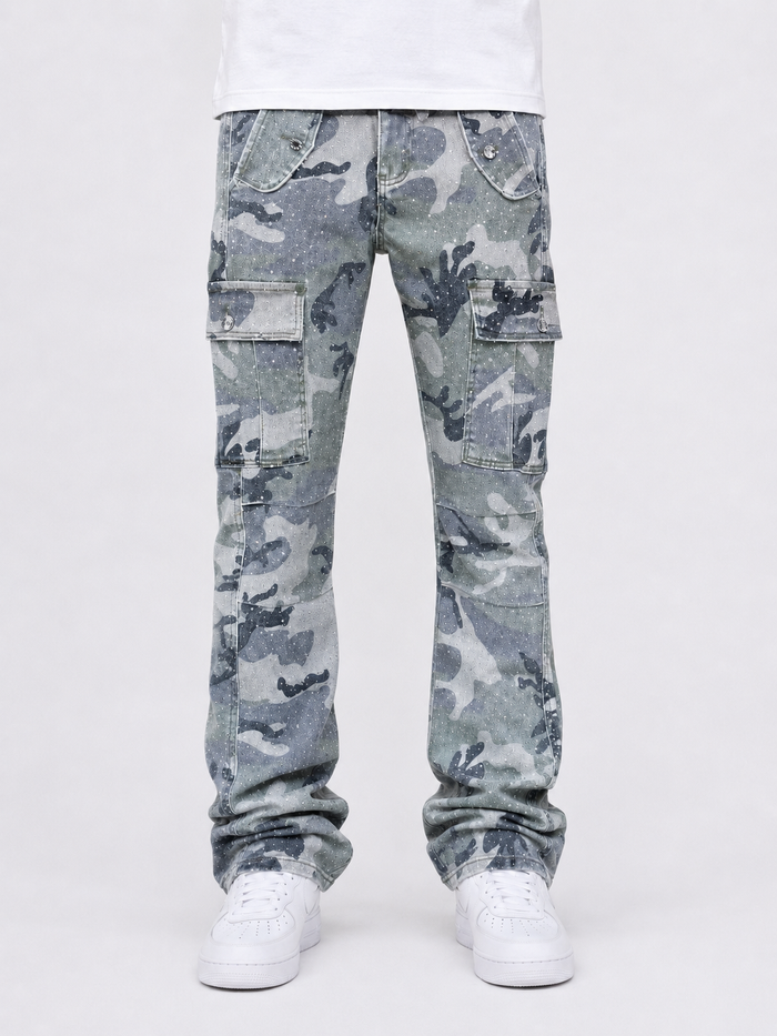 KIND RED Rhinestone Camo stacked denim pants in green camo with rhinestone embellishments and layered design.