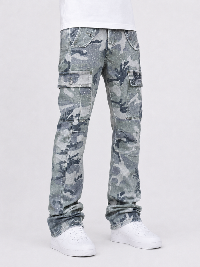 KIND RED Rhinestone Camo stacked denim pants in green with rhinestone embellishments and layered design.