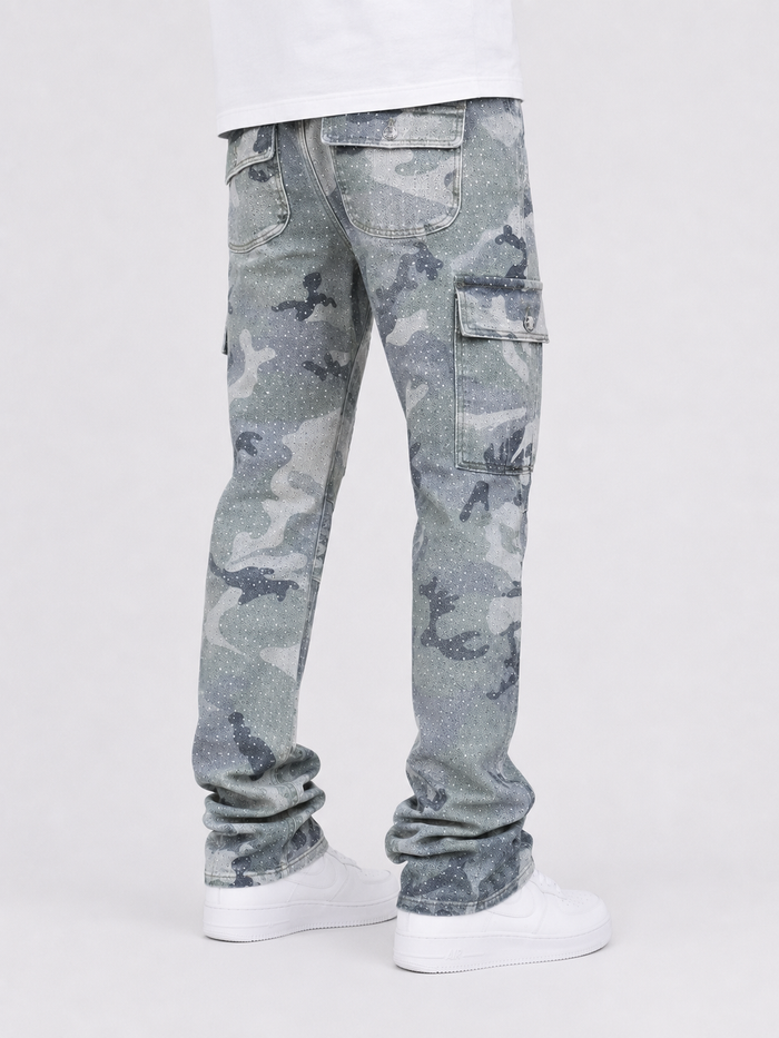 KIND RED Rhinestone Camo stacked denim pants in green camouflage with rhinestone embellishments, stylish and fitted for a casual look