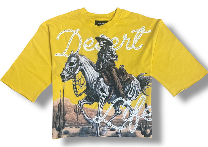 Yellow oversized cropped T-shirt from KIND RED's Desert Life collection, featuring casual fit and desert-inspired design.