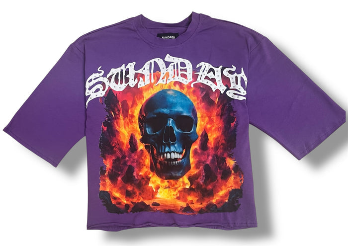 Purple Kindred 'Eternal Flames' oversized cropped T-Shirt with bold flame graphic and relaxed fit, casual streetwear style.