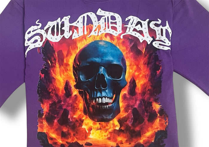 Purple Kindred 'Eternal Flames' oversized cropped T-shirt with graphic design, casual style, and relaxed fit.