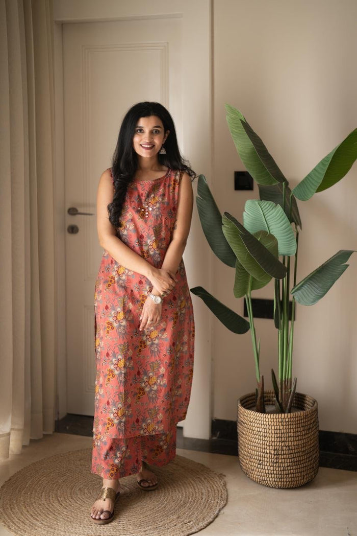 Kisha Sleeveless Cotton Set- Pink Floral