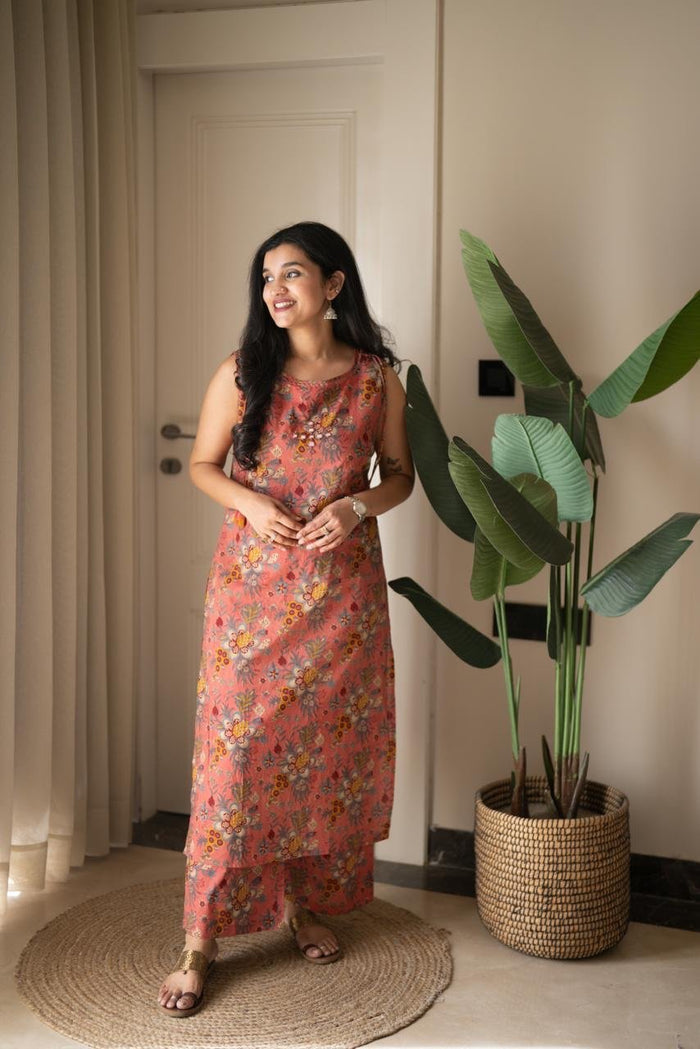 Kisha Sleeveless Cotton Set- Pink Floral