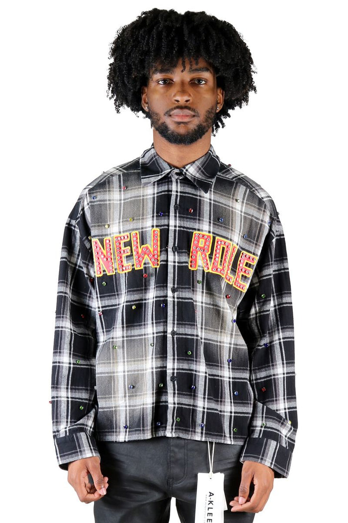 Black Kleep men's long sleeve cropped button-up shirt with a classic collar and front buttons, shown on a plain background.