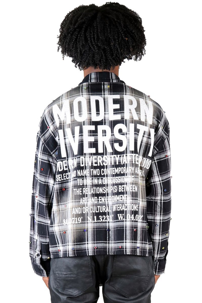 Black Kleep men's long sleeve cropped button-up shirt with collar and front buttons, shown on a mannequin.