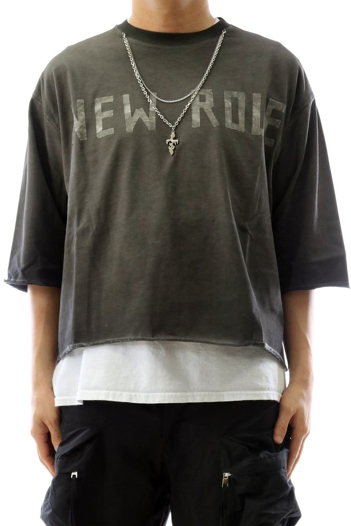 Kleep 'New Role' grey premium heavy cropped T-shirt with detachable necklace, showcasing the stylish design and fabric texture.